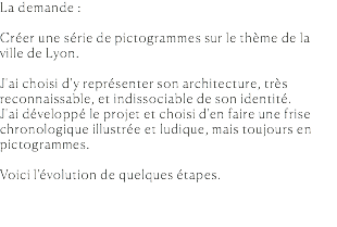 La demande : Créer une série de pictogrammes sur le thème de la ville de Lyon. J'ai choisi d'y représenter son architecture, très reconnaissable, et indissociable de son identité. J'ai développé le projet et choisi d'en faire une frise chronologique illustrée et ludique, mais toujours en pictogrammes. Voici l'évolution de quelques étapes. 