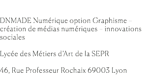  DNMADE Numérique option Graphisme – création de médias numériques – innovations sociales Lycée des Métiers d’Art de la SEPR 46, Rue Professeur Rochaix 69003 Lyon 