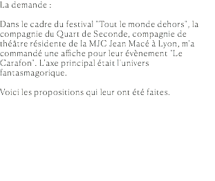 La demande : Dans le cadre du festival "Tout le monde dehors", la compagnie du Quart de Seconde, compagnie de théâtre résidente de la MJC Jean Macé à Lyon, m'a commandé une affiche pour leur évènement "Le Carafon". L'axe principal était l'univers fantasmagorique. Voici les propositions qui leur ont été faites.